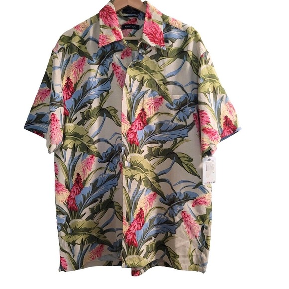 Nautica Tropical Floral Button Down Shirt - Green, Pink, Blue - Picture 1 of 5